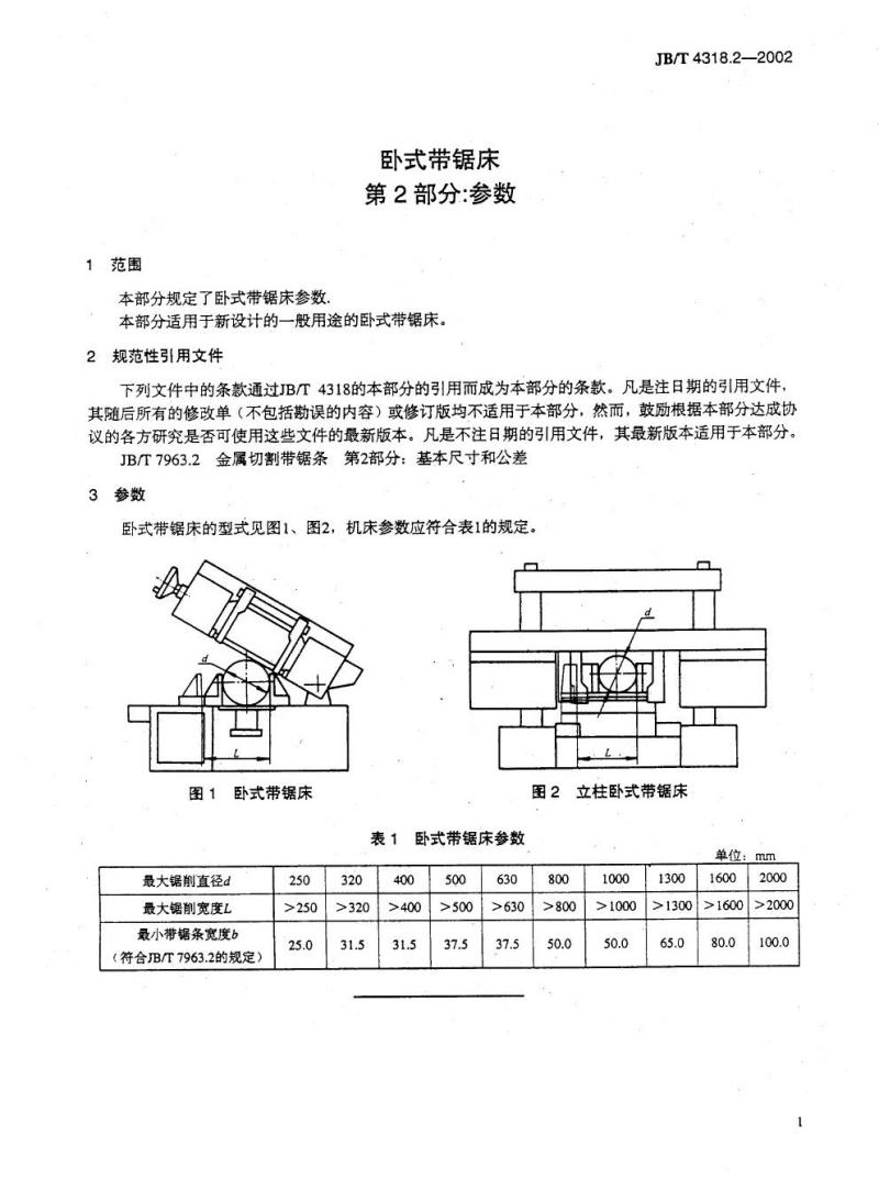 JB/T 4318.2-2002 卧式带锯床 第2部分：参数