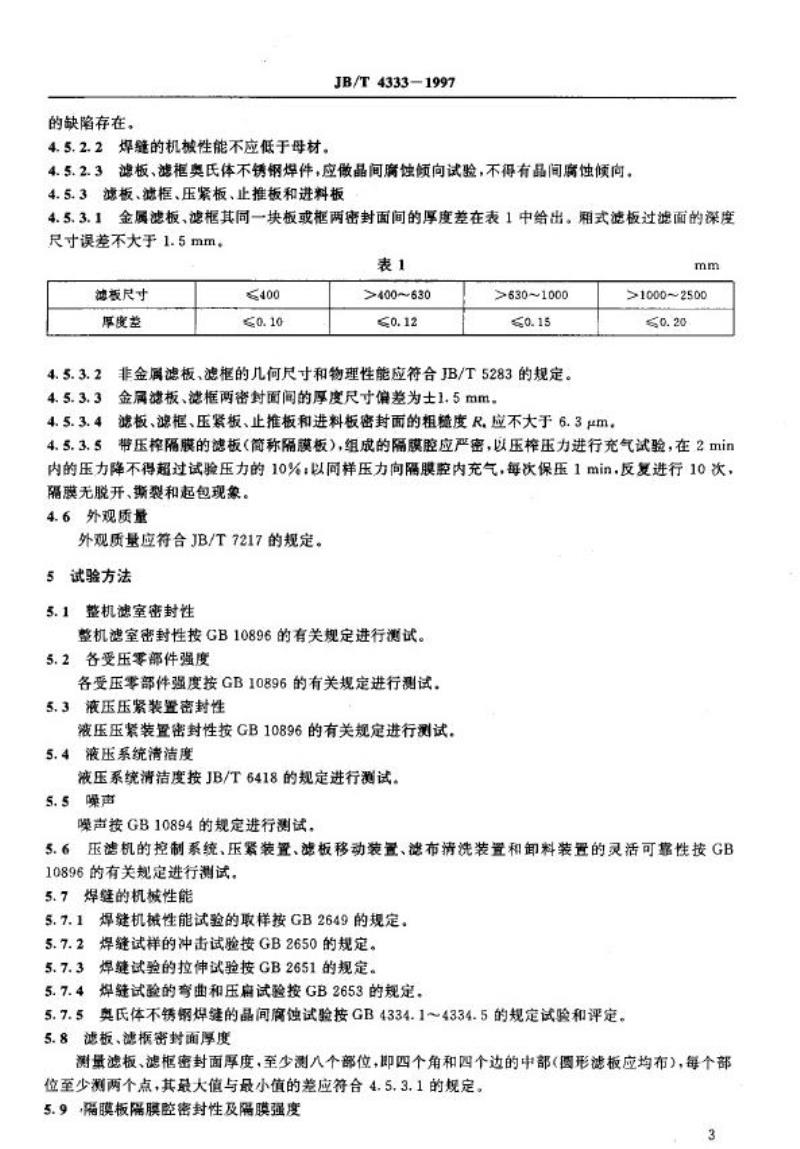 JB/T 4333-1997 厢式压滤机和板框压滤机 技术条件