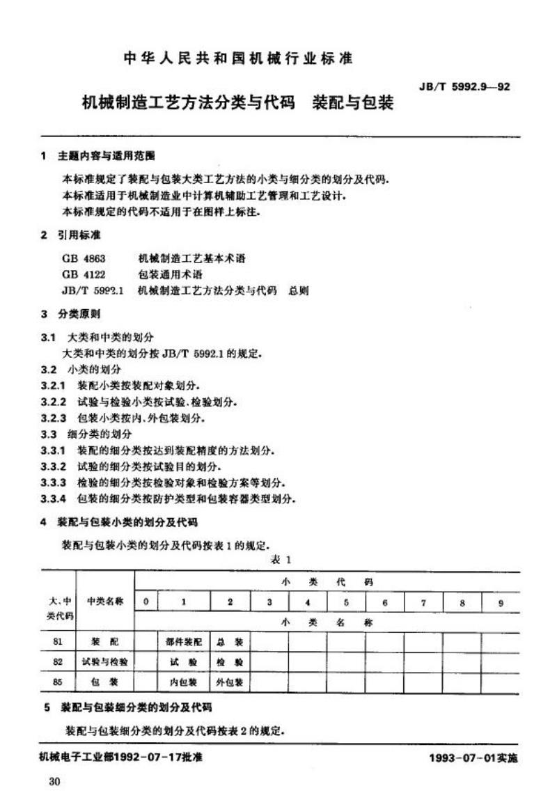 JB/T 5992.9-1992 机械制造工艺方法分类与代码 装配与包装