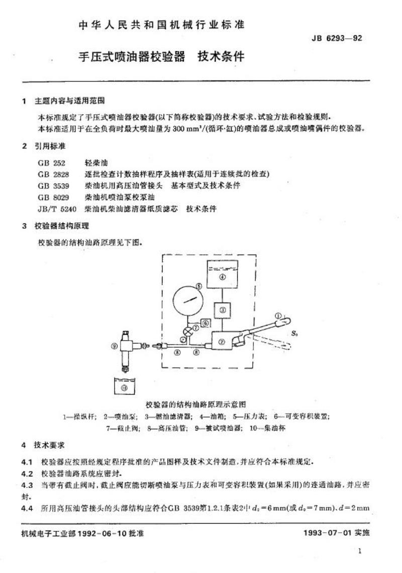 JB/T 6293-1992 手压式喷油器校验器 技术条件