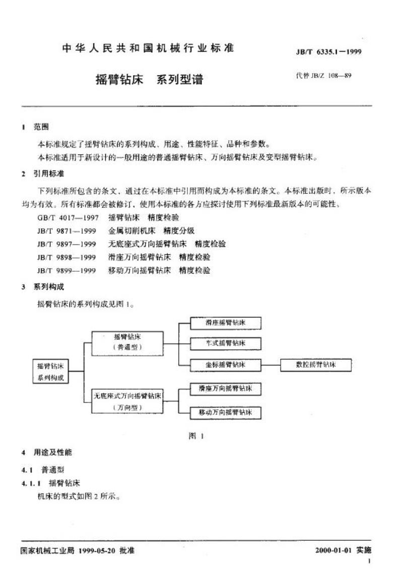 JB/T 6335.1-1999 摇臂钻床 系列型谱