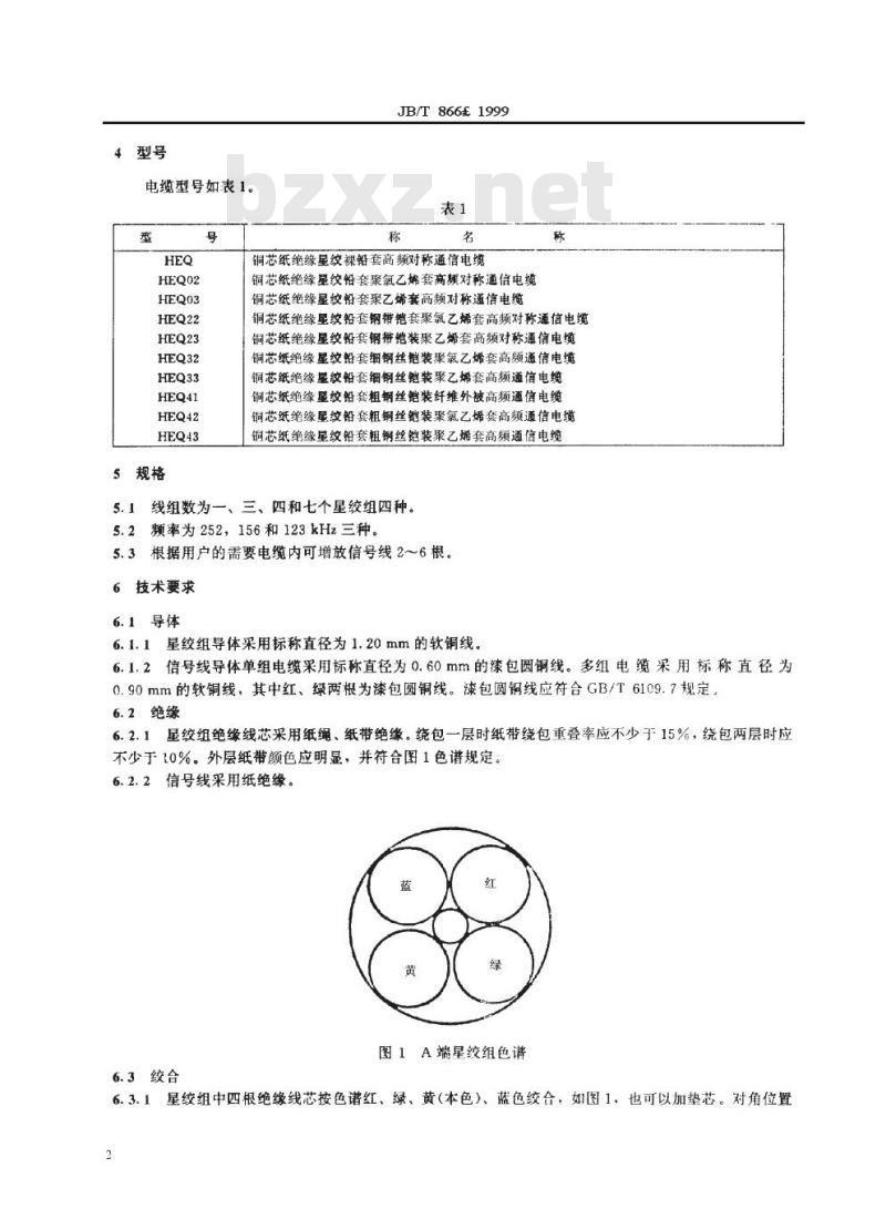 JB/T 866-1999 铜芯纸绝缘星绞铅套高频对称通信电缆