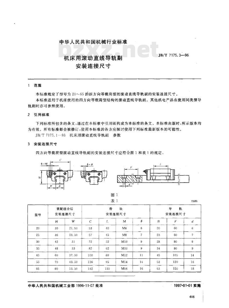 JB/T 7175.3-1996 机床用滚动直线导轮副 安装连接尺寸