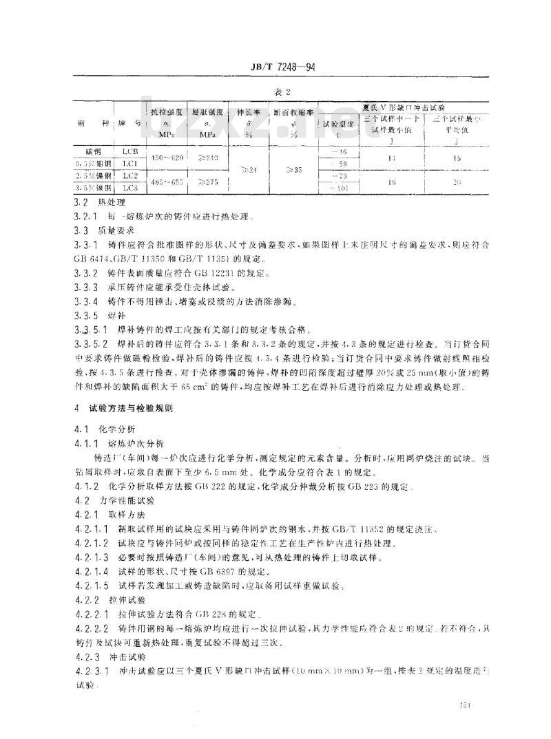 JB/T 7248-1994 阀门用低温钢铸件 技术条件