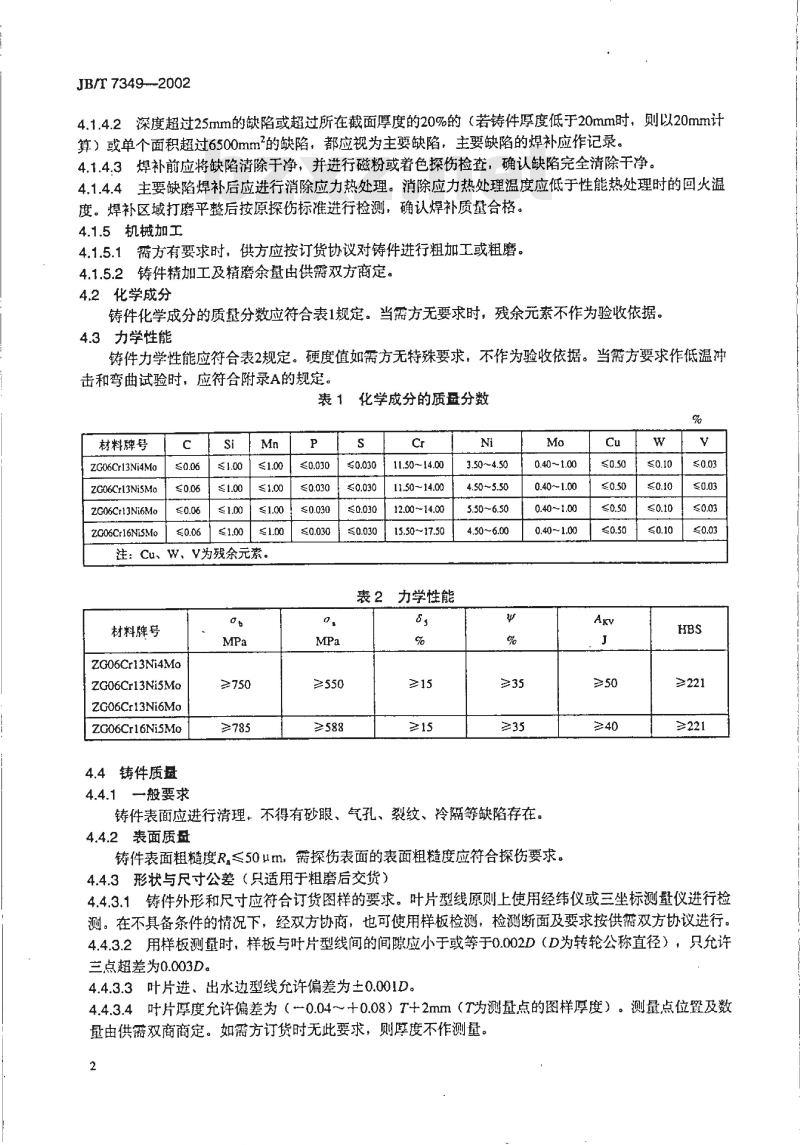 JB/T 7349-2002 混流式水轮机焊接转轮不锈钢叶片铸件