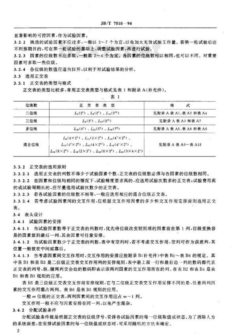 JB/T 7510-1994 工艺参数优化方法 正交试验法