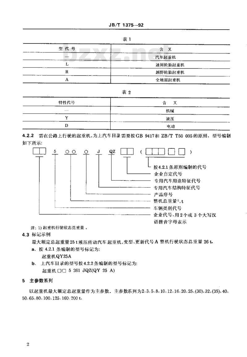 JB/T 1375-1992 汽车起重机和轮胎起重机 分类
