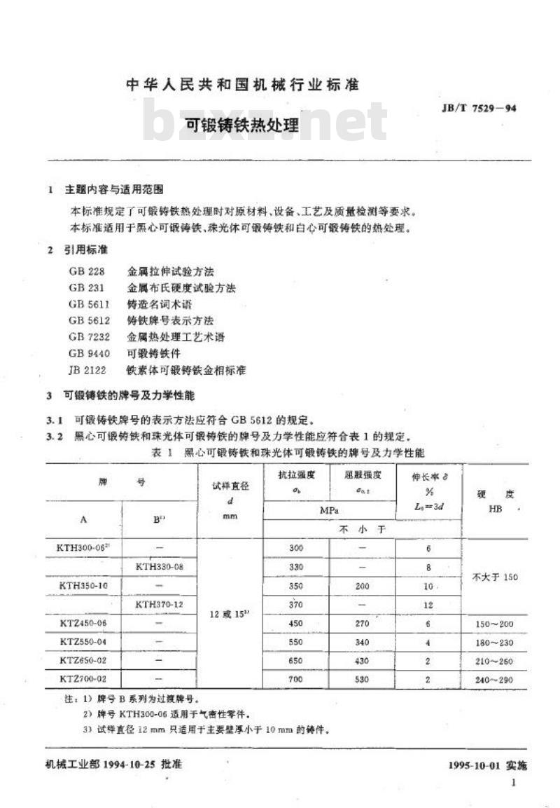 JB/T 7529-1994 可锻铸铁热处理