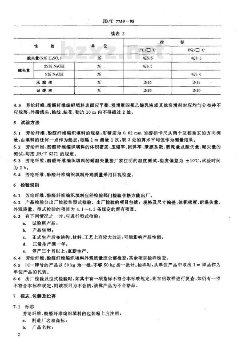 JB/T 7759-1995 芳纶纤维、酚醛纤维编织填料 技术条件