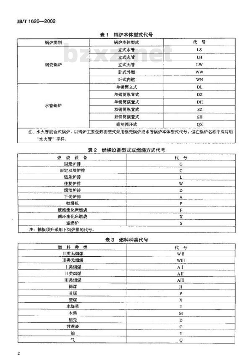 JB/T 1626-2002 工业锅炉 产品型号编制方法