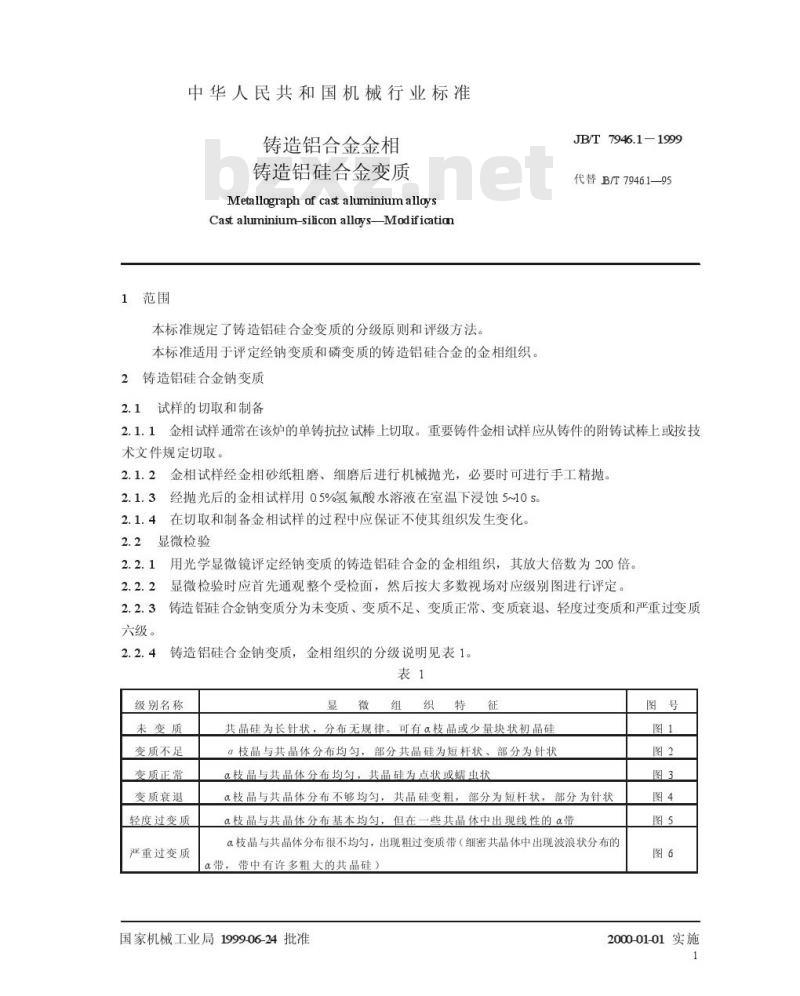 JB/T 7946.1-1999 铸造铝硅合金变质