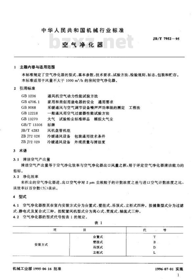 JB/T 7952-1995 空气净化器
