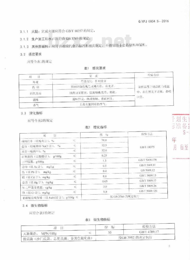 QXPJ 0004 S-2016 宣威市浦记火腿食品有限公司企业标准 即食老火腿