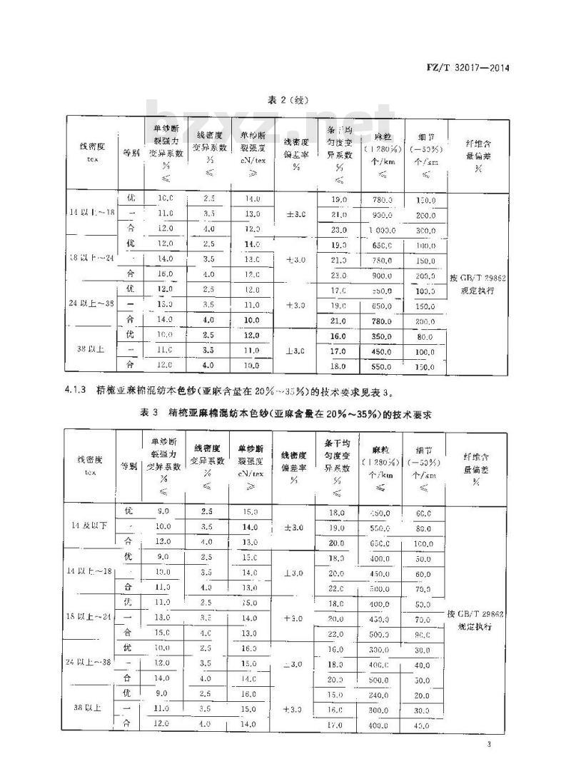 FZ∕T 32017-2014 精梳亚麻棉混纺本色纱
