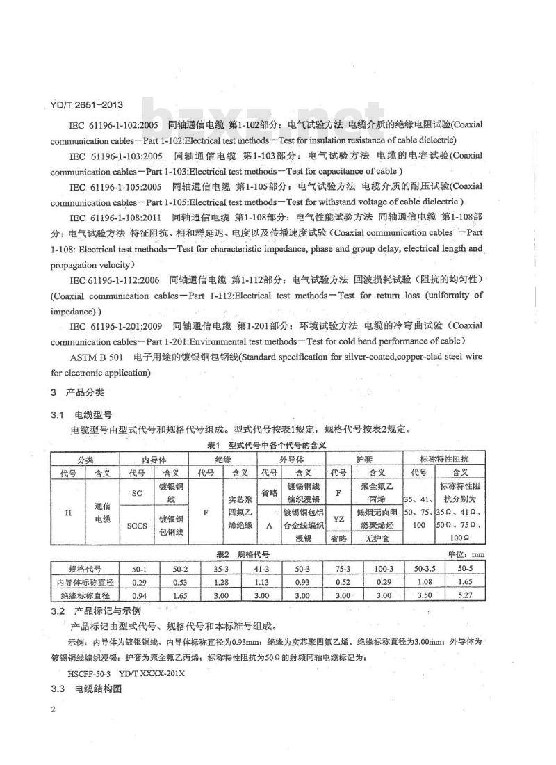 YD/T 2651-2013 通信电缆 实芯聚四氟乙烯绝缘编织浸锡外导体射频同轴电缆