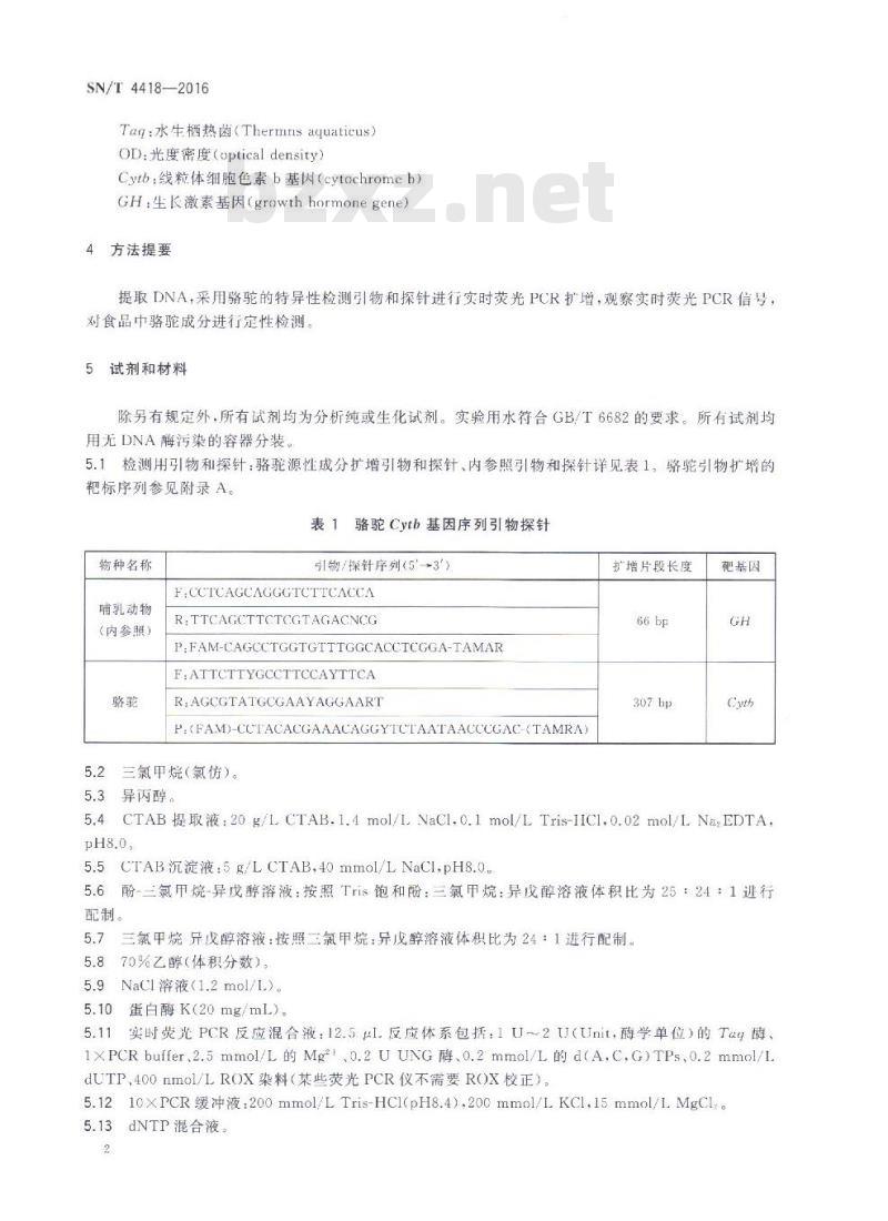 SN/T 4418-2016 出口食品中骆驼源性成分的检测 实时荧光PCR法