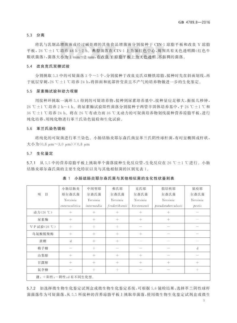 GB 4789.8-2016 食品安全国家标准 食品微生物学检验 小肠结肠炎耶尔森氏菌检验