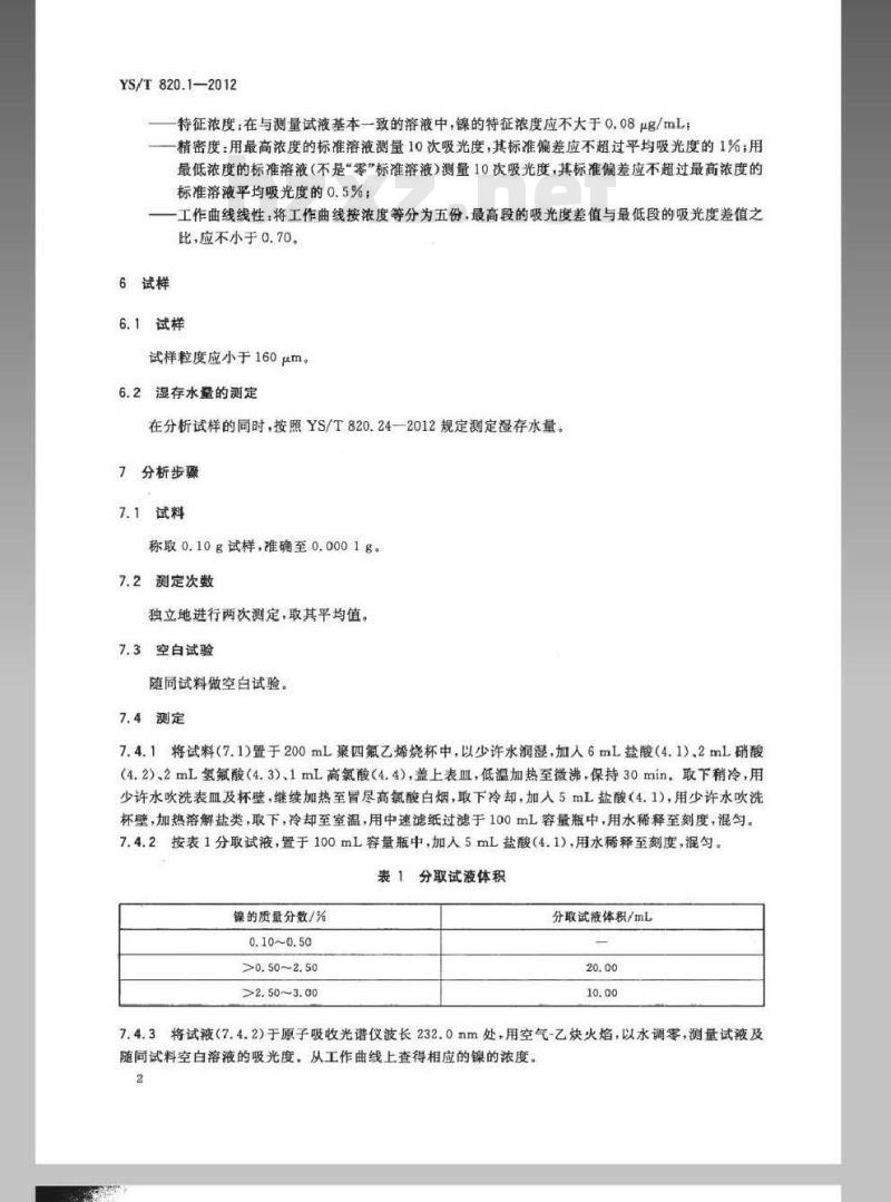 YS/T 820.1-2012 红土镍矿化学分析方法 第1部分：镍量的测定 火焰原子吸收光谱法