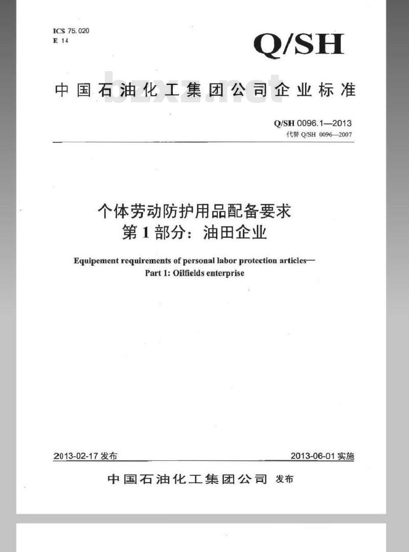QSH 0096.1-2013 个体劳动防护用品配备要求 第1部分：油田企业
