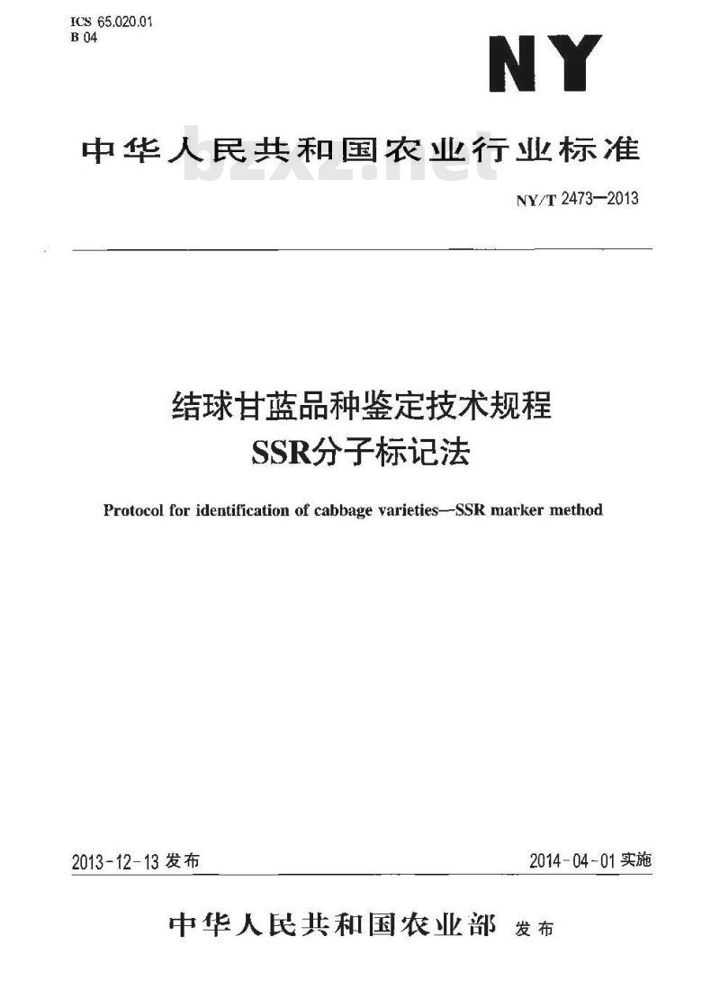 NY/T 2473-2013 结球甘蓝品种鉴定技术规程 SSR分子标记法