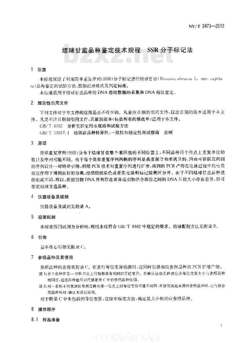 NY/T 2473-2013 结球甘蓝品种鉴定技术规程 SSR分子标记法
