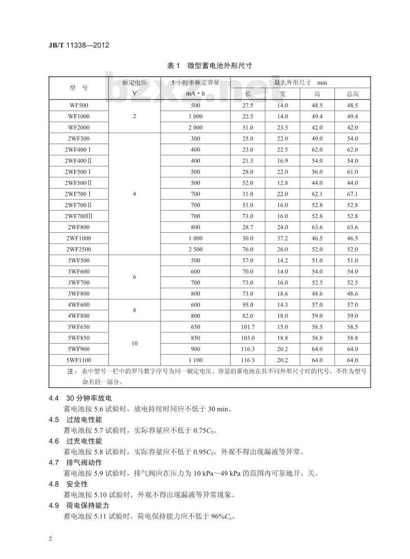 JB/T 11338-2012 微型阀控式铅酸蓄电池
