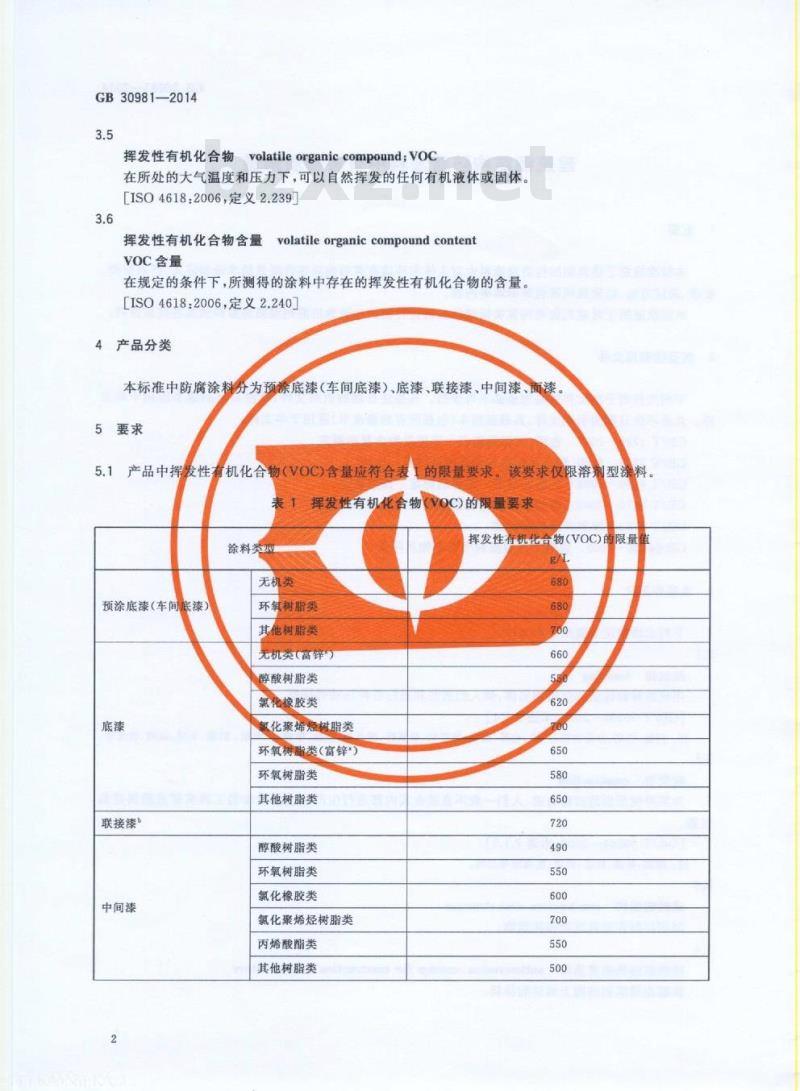 GB 30981-2014 建筑钢结构防腐涂料中有害物质限量