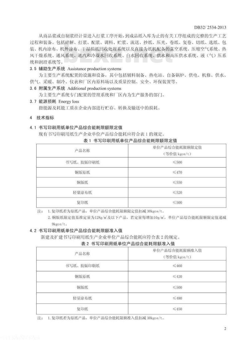 DB32 2534-2013 书写印刷用纸单位产品综合能耗限额及计算方法