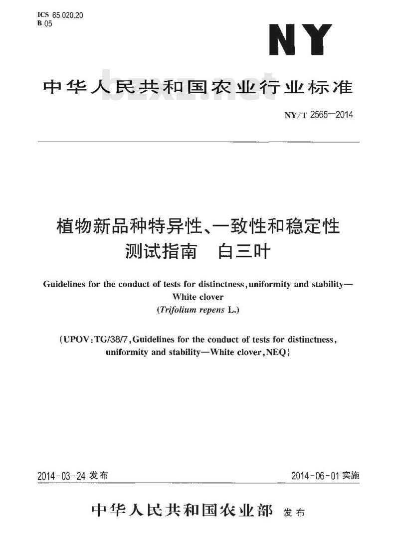 NY/T 2565-2014 植物新品种特异性、一致性和稳定性测试指南 白三叶