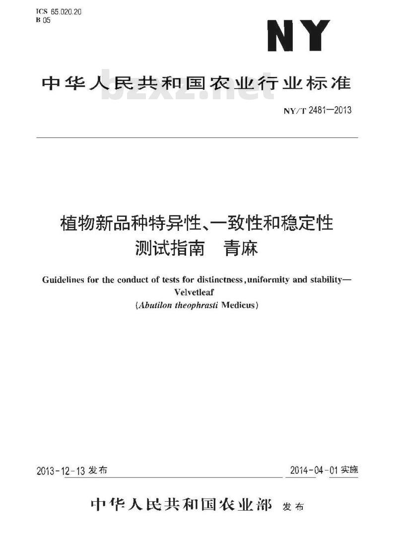 NY/T 2481-2013 植物新品种特异性、一致性和稳定性测试指南 青麻