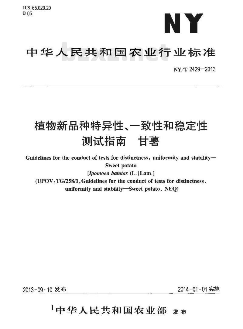 NY/T 2429-2013 植物新品种特异性、一致性和稳定性测试指南 甘薯