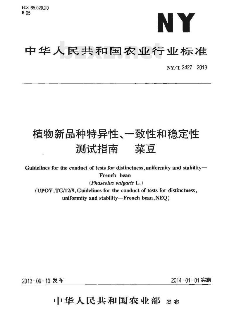 NY/T 2427-2013 植物新品种特异性、一致性和稳定性测试指南 菜豆