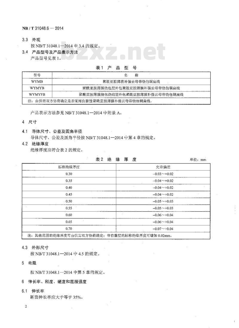 NB/T 31048.6-2014 风力发电机用绕组线 第6部分 聚酰亚胺薄膜补强云母带绕包铜扁线