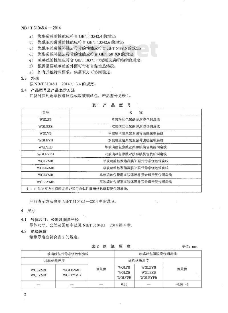 NB/T 31048.4-2014 风力发电机用绕组线 第4部分 玻璃丝包薄膜绕包铜扁线