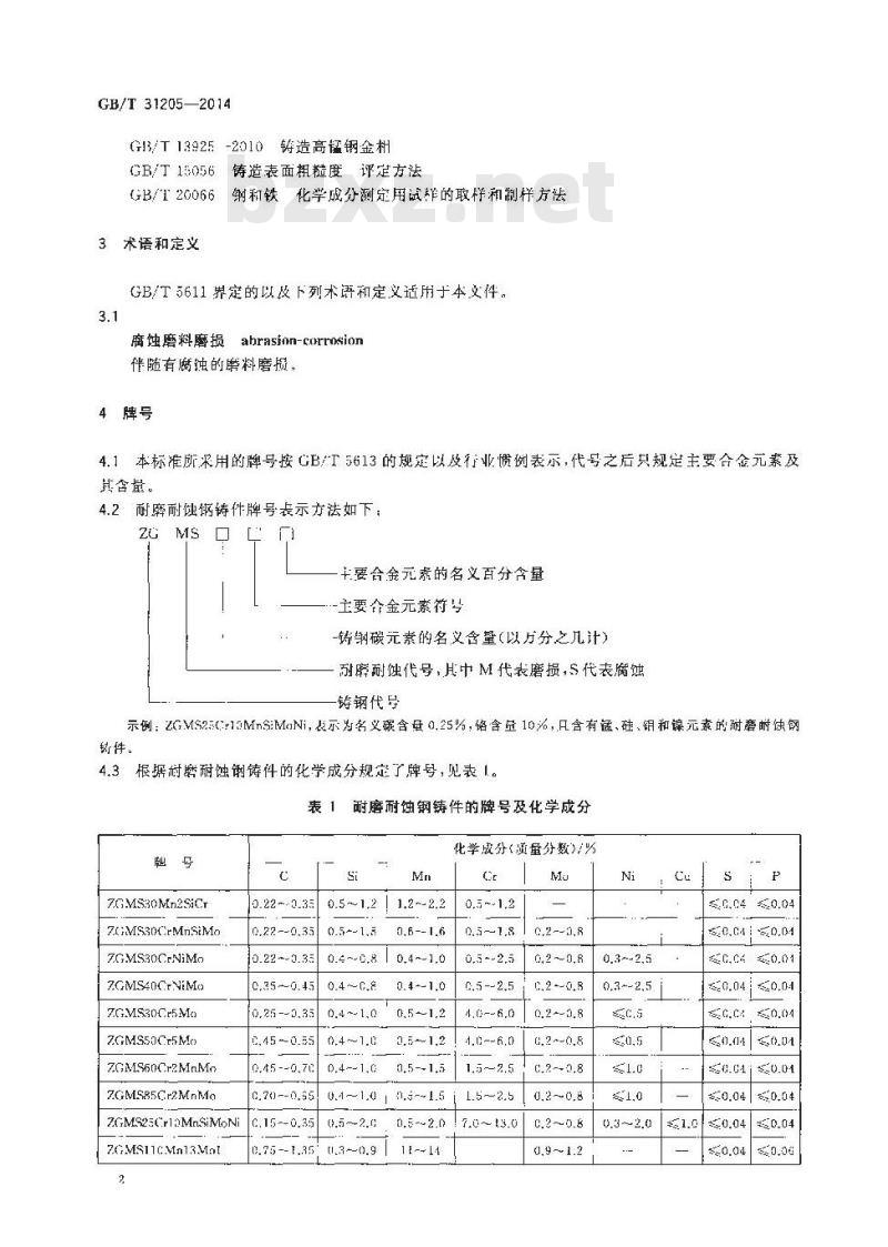 GB/T 31205-2014 耐磨耐蚀钢铸件