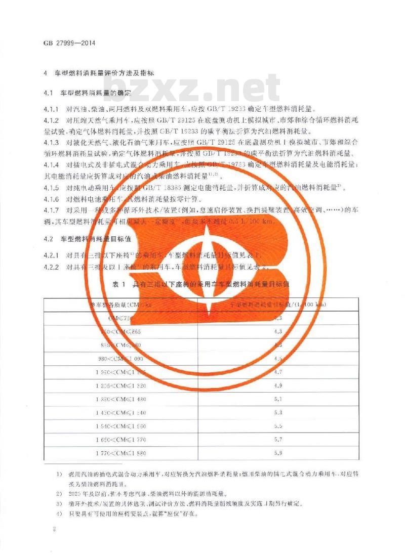 GB 27999-2014 乘用车燃料消耗量评价方法及指标