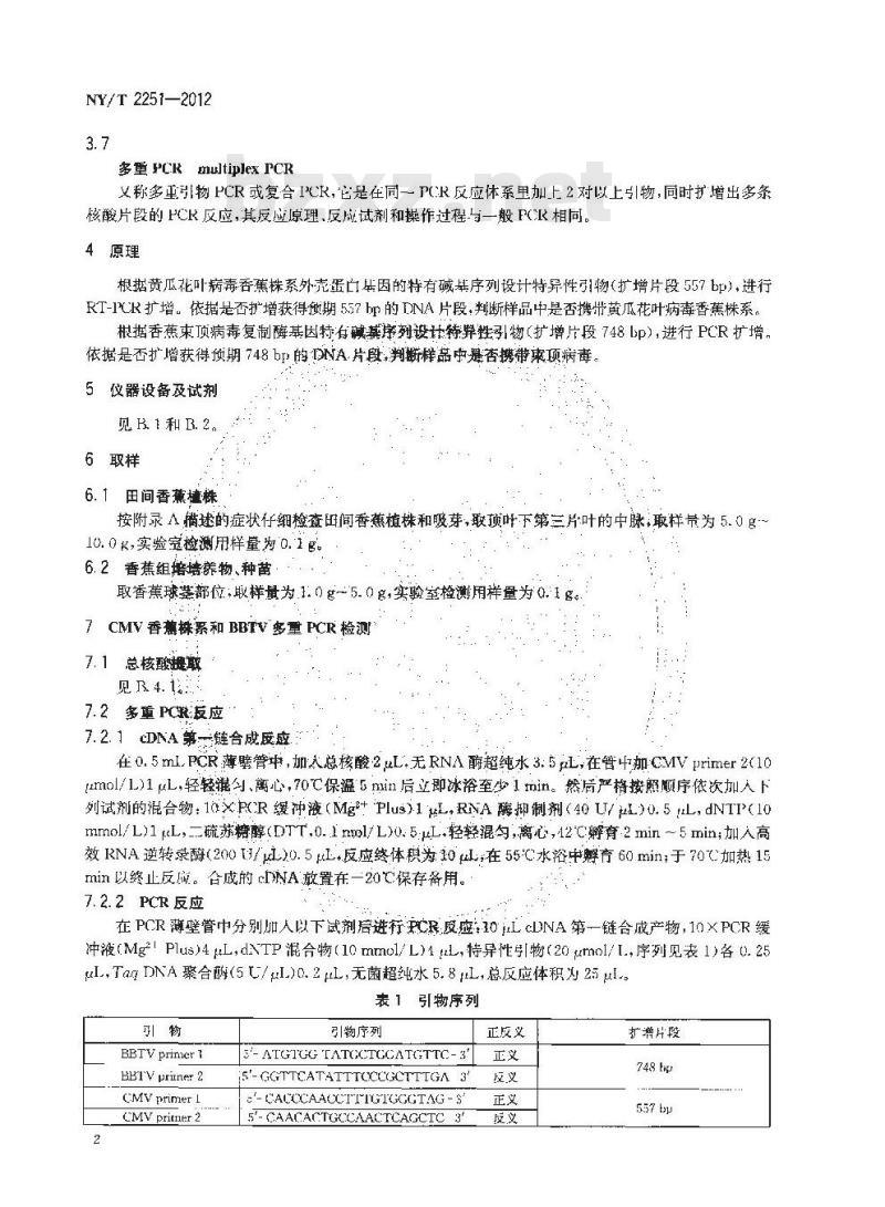 NY/T 2251-2012 香蕉花叶心腐病和束顶病病原分子检测技术规范