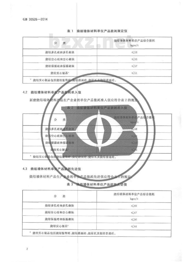 GB 30526-2014 烧结墙体材料单位产品能源消耗限额