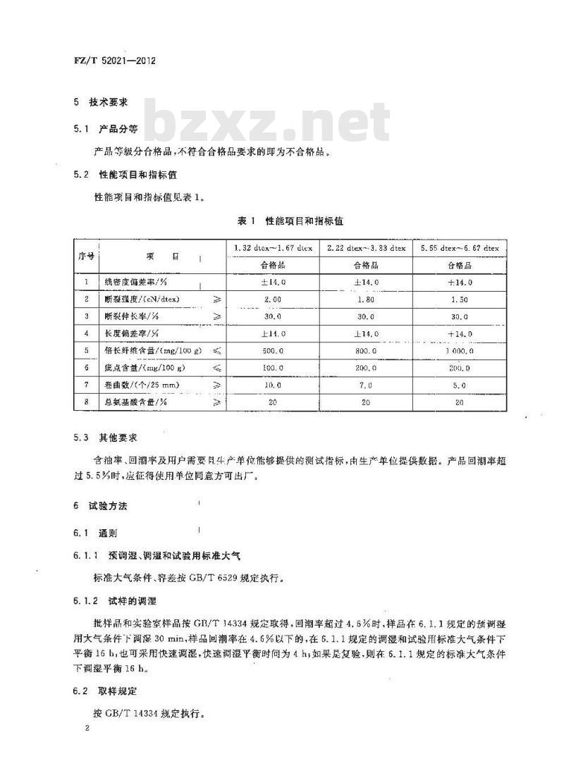 FZ/T 52021-2012 牛奶蛋白改性聚丙烯腈短纤维