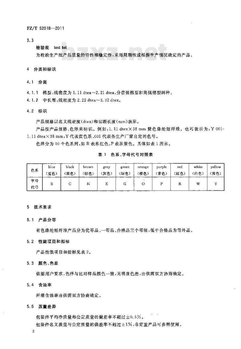 FZ/T 52018-2011 有色涤纶短纤维