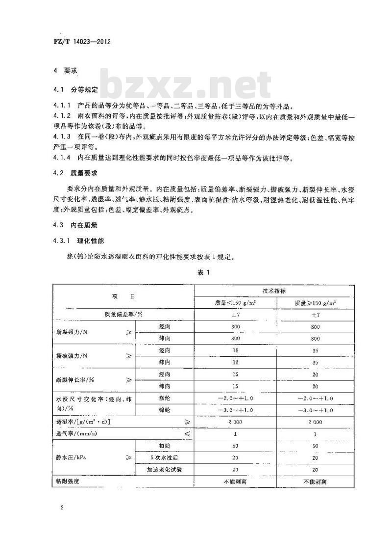 FZ/T 14023-2012 涤(锦)纶防水透湿雨衣面料