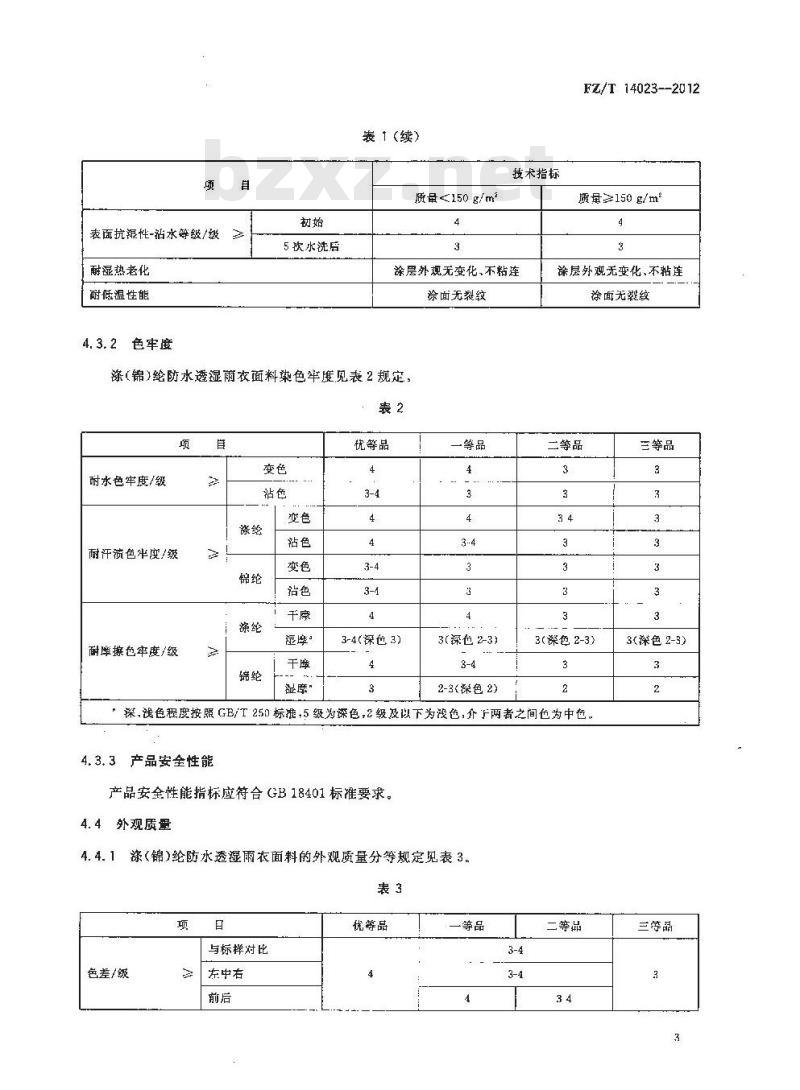 FZ/T 14023-2012 涤(锦)纶防水透湿雨衣面料