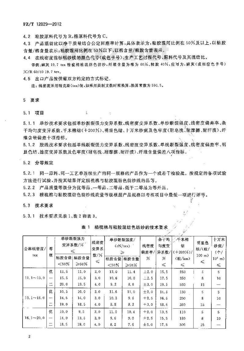 FZ/T 12029-2012 精梳棉与粘胶混纺色纺纱线
