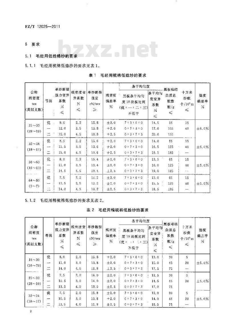 FZ/T 12025-2011 毛经用低捻棉本色纱