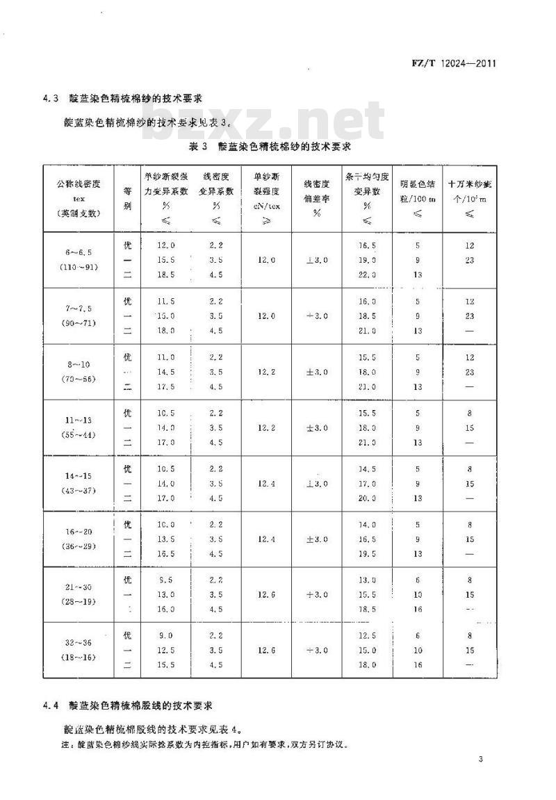 FZ/T 12024-2011 靛蓝染色棉纱线