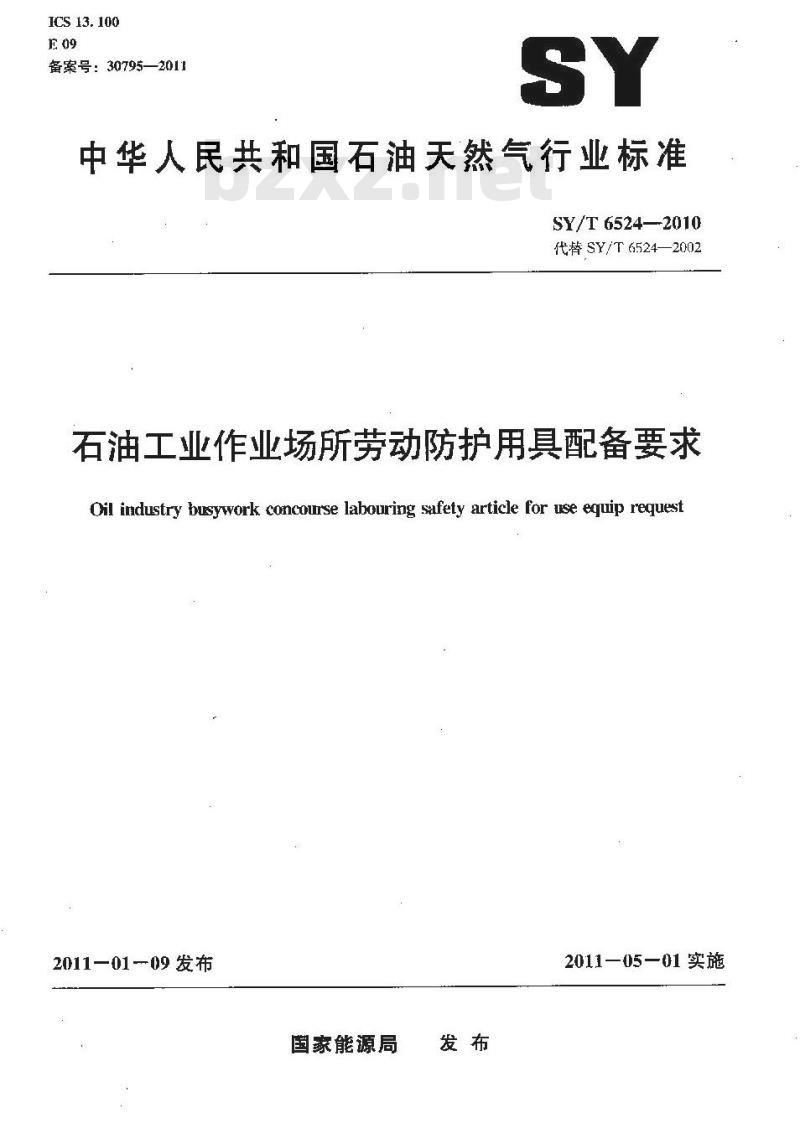 SY/T 6524-2010 石油工业作业场所劳动防护用具配备要求