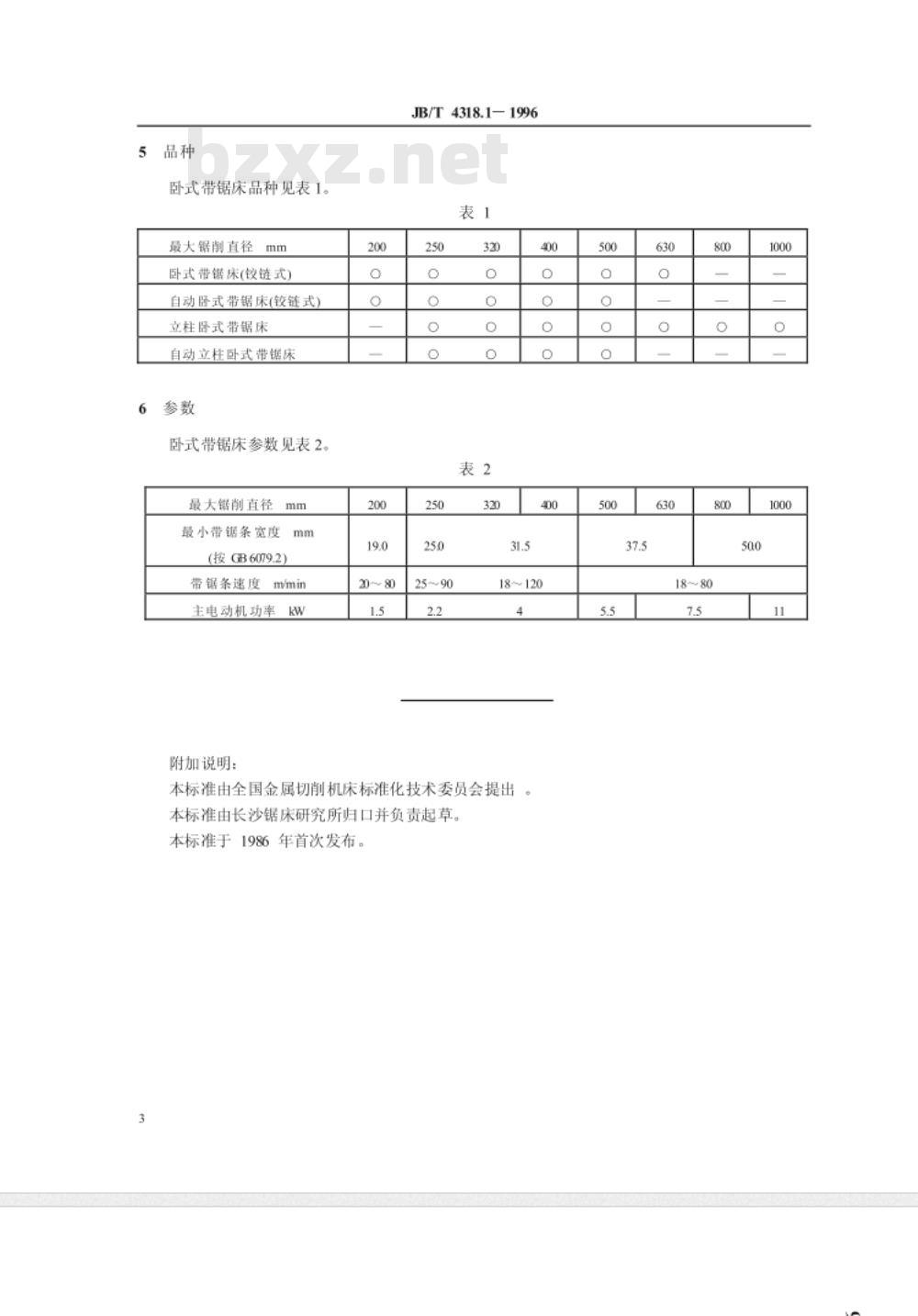 JB/T 4318.1-1996 卧式带锯床 系列型谱