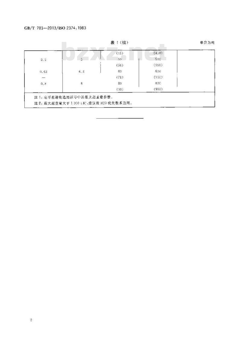 GB/T 783-2013 起重机械 基本型的最大起重量系列