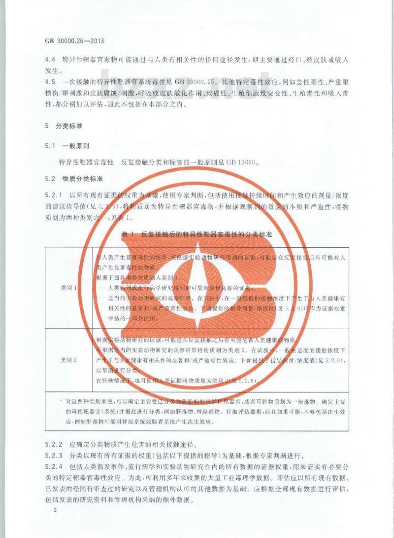 GB 30000.26-2013 化学品分类和标签规范 第26部分:特异性靶器官毒性 反复接触