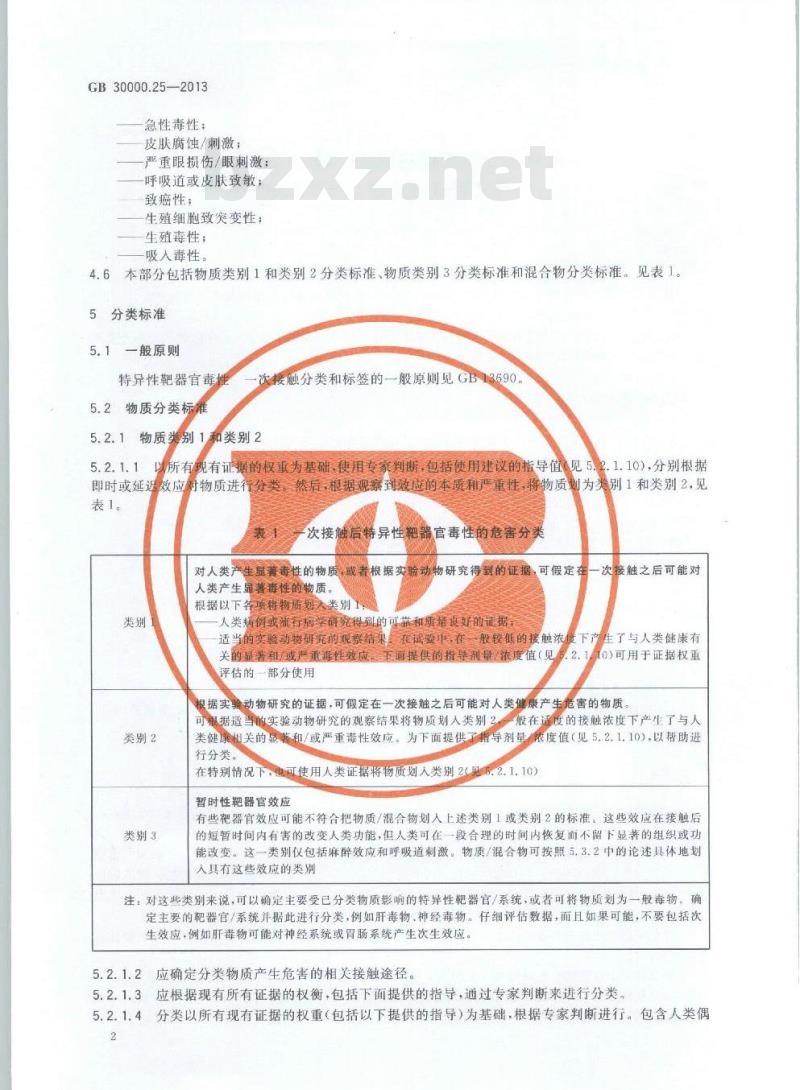 GB 30000.25-2013 化学品分类和标签规范 第25部分: 特异性靶器官毒性 一次接触